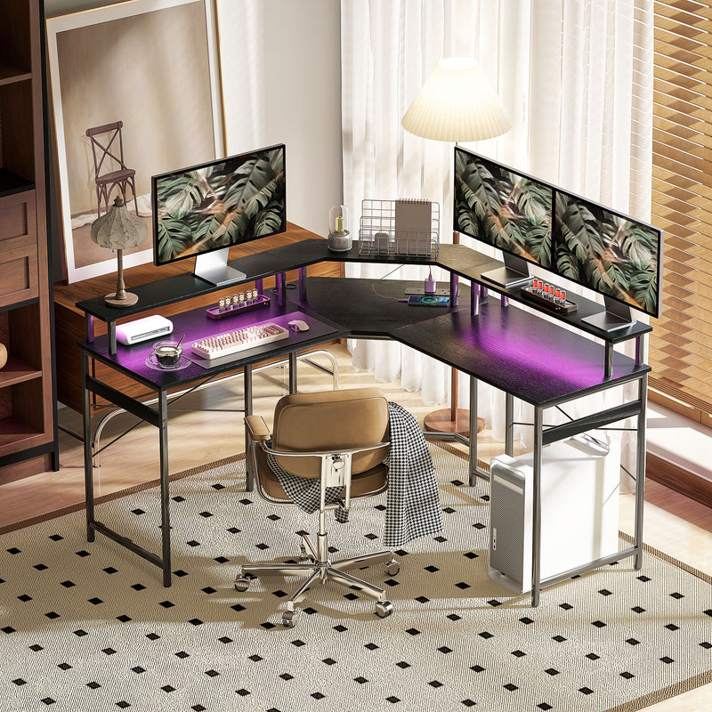 Black L Shaped Work Desk with LED Lights for Home Office by HOMCOM