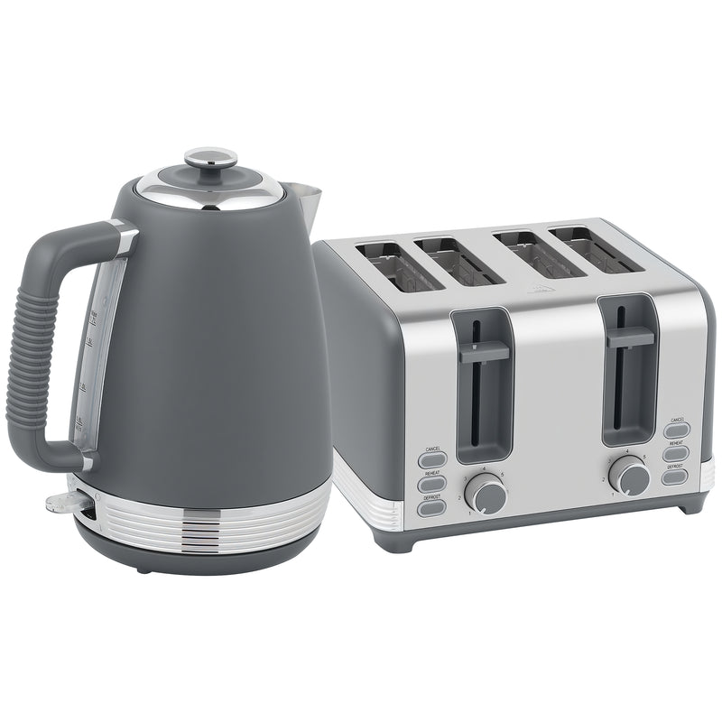 Stainless Steel Kettle and 4 Slice Toaster Set with Rapid Boil and Browning Control, Grey