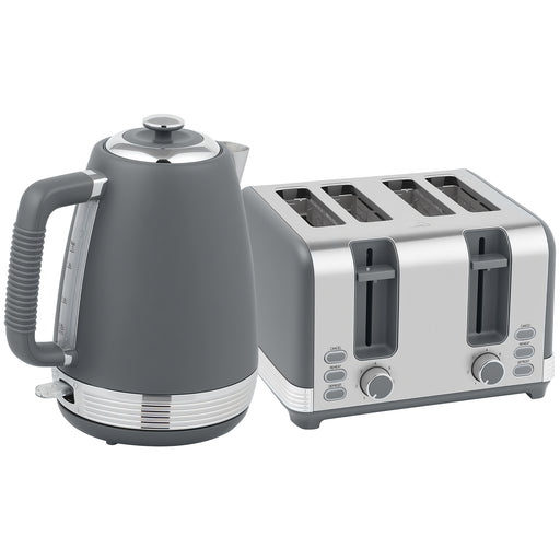 Stainless Steel Kettle and 4 Slice Toaster Set with Rapid Boil and Browning Control, Grey
