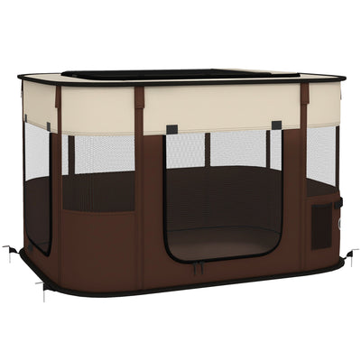 Foldable Dog Playpen with Storage Bag and Ground Stakes for Indoor Outdoor Use Brown