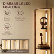 4 Tier Corner Floor Lamp With Shelves For Storage And Display, Rustic Brown