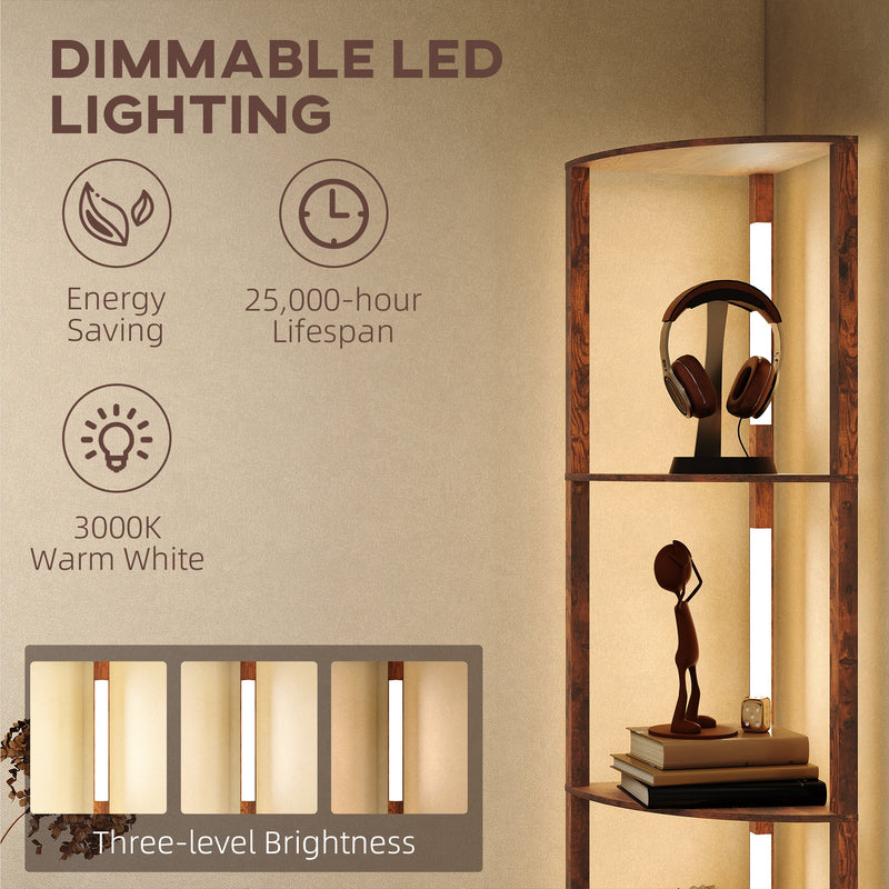 4 Tier Corner Floor Lamp With Shelves For Storage And Display, Rustic Brown