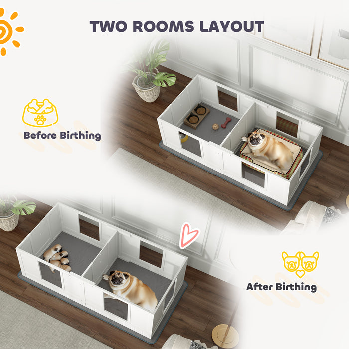 Two Room Whelping Box for Small Dogs with Pad Clear Panels Adjustable Entrance by PawHut