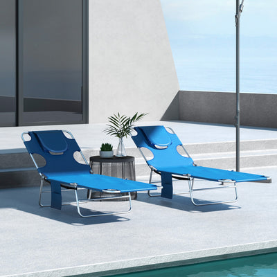 Set of 2 Blue Foldable Sun Loungers with Reading Hole and 5 Position Adjustable Backrest