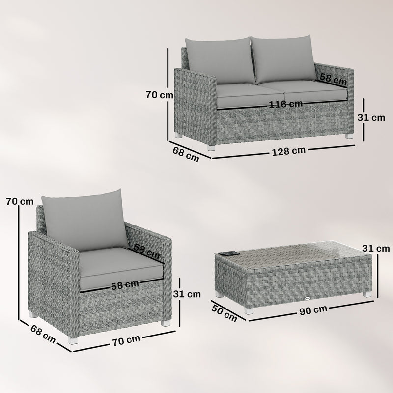 Grey Rattan Garden Furniture Set for Relaxing and Entertaining Outdoors 4 Piece Set With Table and Cushions Outsunny