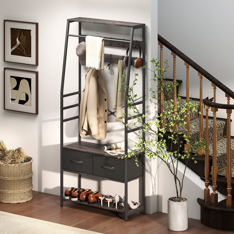 Coat Rack Hall Tree With Shoe Storage Bench and Drawers for Hallway or Entryway Grey