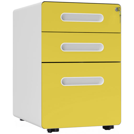 3 Drawer Steel Filing Cabinet with Lock and Wheels for A4 Legal Files, Yellow