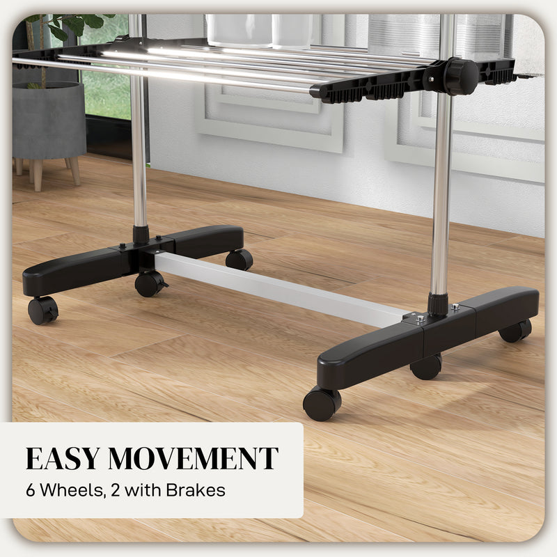 Black Four Shelf Collapsible Clothes Airer With Side Arms and Wheels by HOMCOM