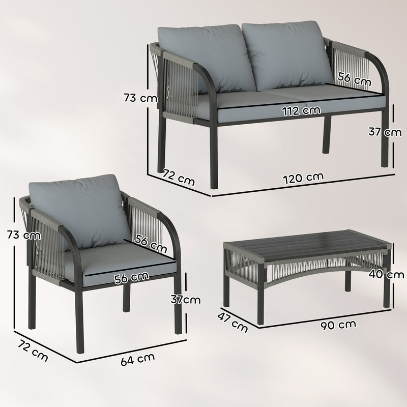 Rattan Garden Furniture Set with Sofa Armchairs and Coffee Table for Outdoor Relaxing, Grey Outsunny