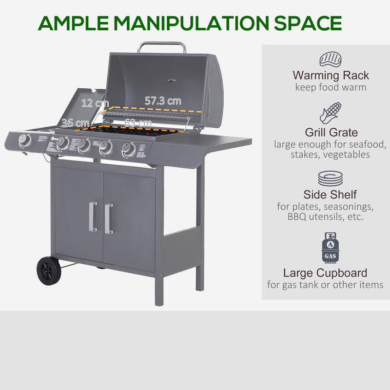 4+1 Burner Gas BBQ Grill with Warming Rack and Storage for Garden and Camping by Outsunny