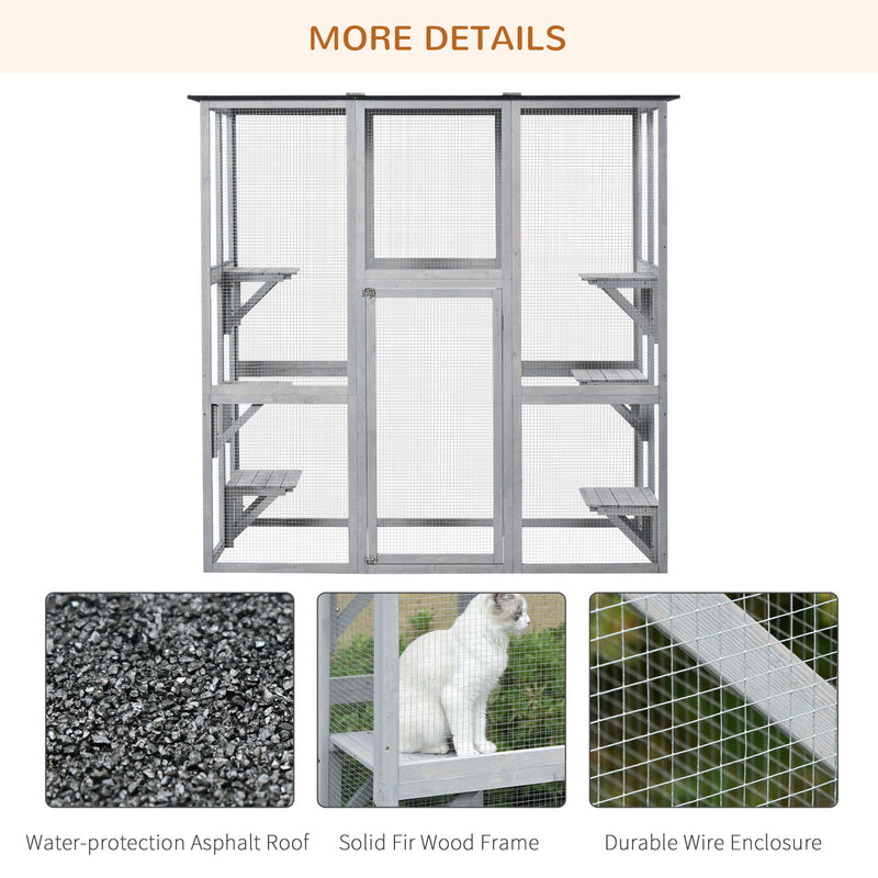 Large Wooden Outdoor Catio Enclosure with Platforms and Roof for Multiple Cats, Natural Wood AOSOM