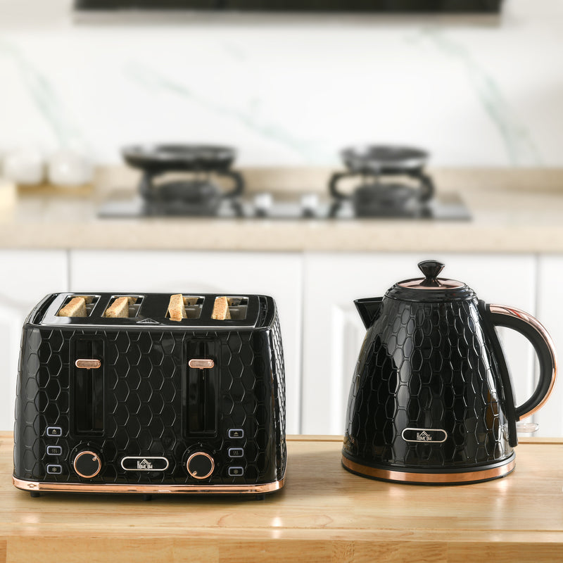 Fast Boil Kettle and 4 Slice Toaster Set with Adjustable Browning Control Black