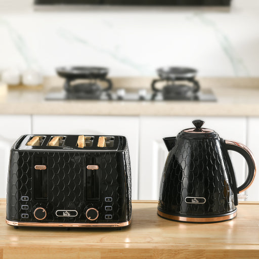 Fast Boil Kettle and 4 Slice Toaster Set with Adjustable Browning Control Black