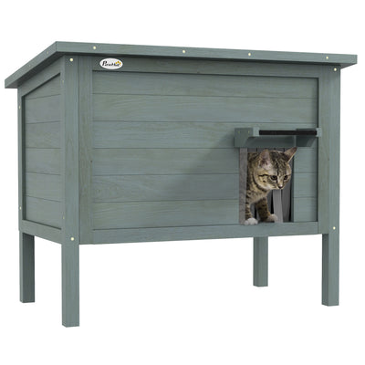 Wooden Insulated Cat House With Removable Floor And Opening Roof For Outdoors, Charcoal Grey