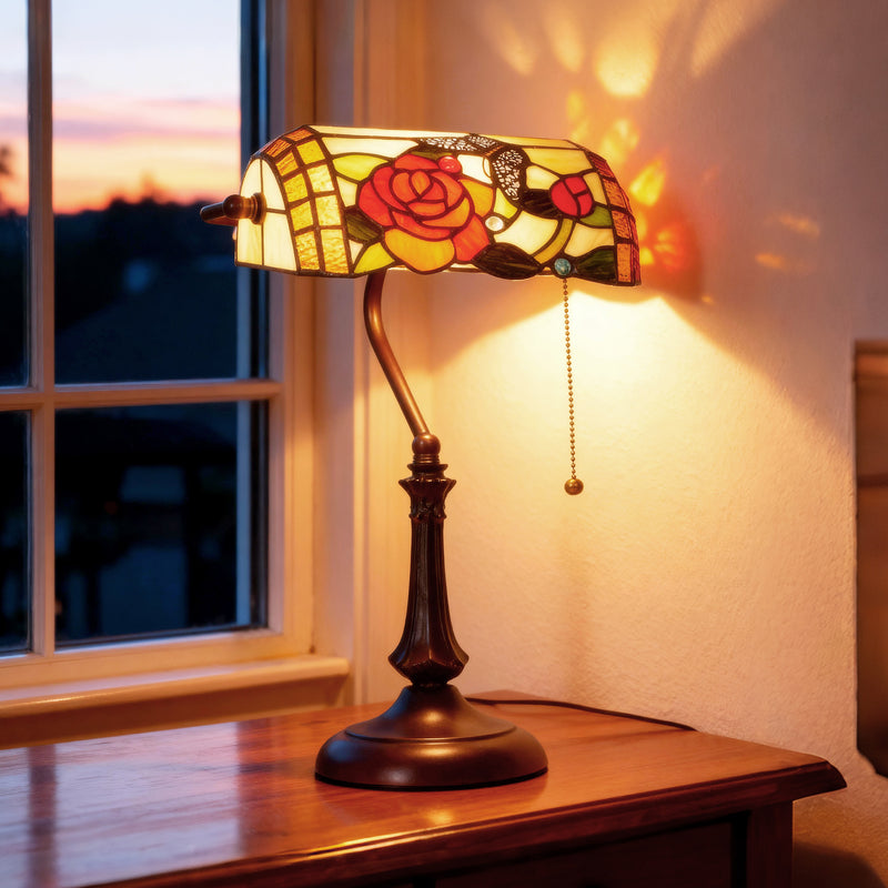 Tiffany Style Table Lamp with Rose and Butterfly Design Ideal for Bedside Use Multi Colour