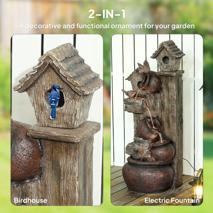 2-in-1 Waterfall Fountain with Birdhouse LED Lights and Pump Tree Trunk Design by Outsunny
