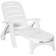 White Folding Sun Lounger Recliner With Wheels and 5 Position Backrest For Garden Use