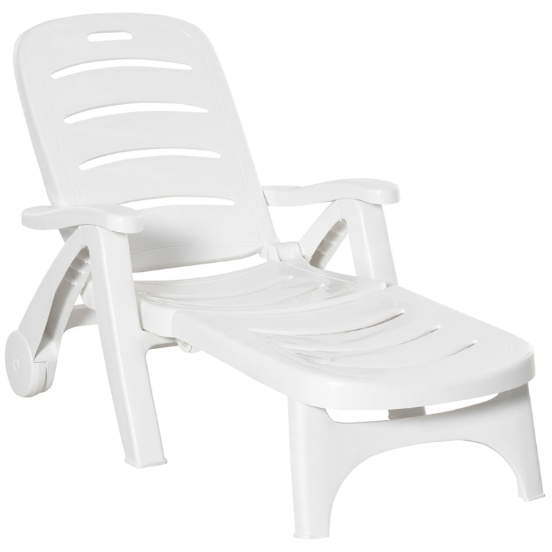 White Folding Sun Lounger Recliner With Wheels and 5 Position Backrest For Garden Use