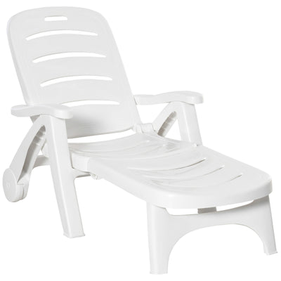 White Folding Sun Lounger Recliner With Wheels and 5 Position Backrest For Garden Use