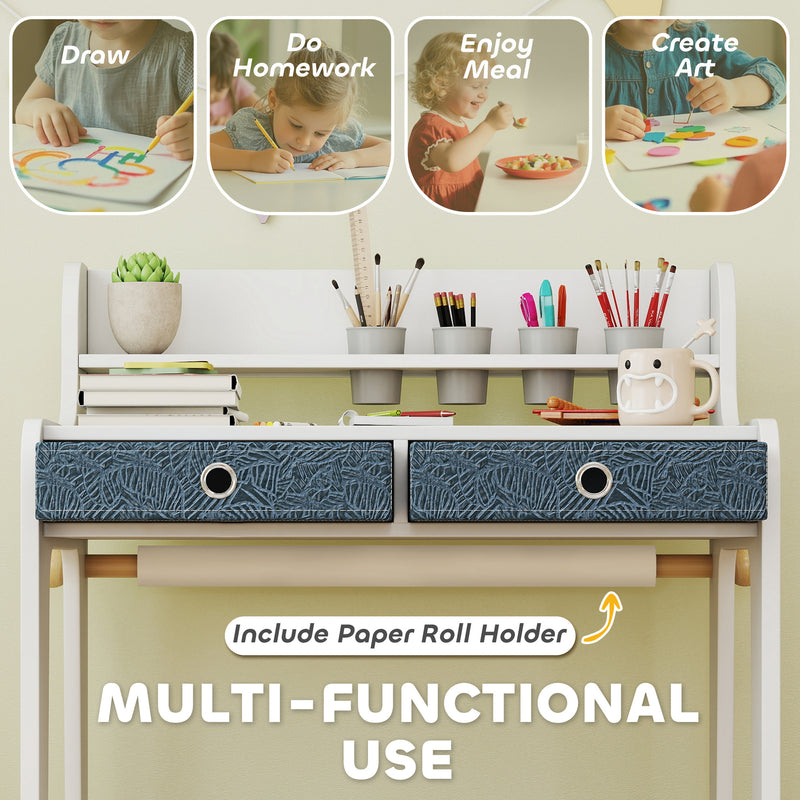 Kids Art Table and Chair Set with Storage Shelf and Drawers Ideal for Creative Play White AOSOM
