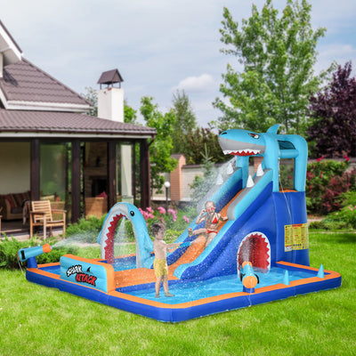 6 in 1 Inflatable Water Park with Slide Pool Trampoline and Blower for Kids Ages 3-8 Years, Blue Outsunny