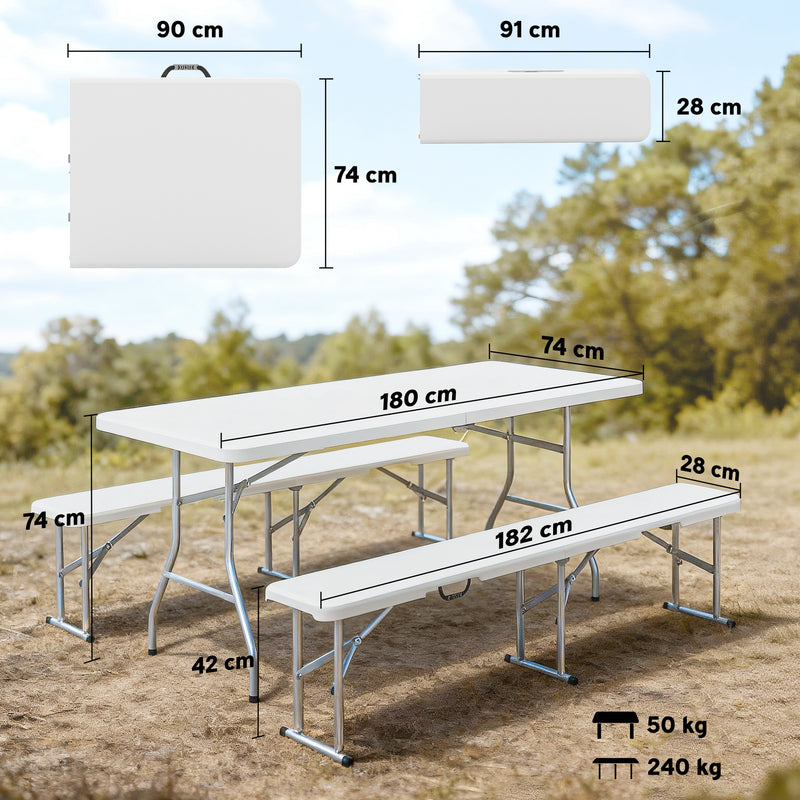 3 Piece Folding Picnic Table and Bench Set for Outdoor Dining and Camping White AOSOM
