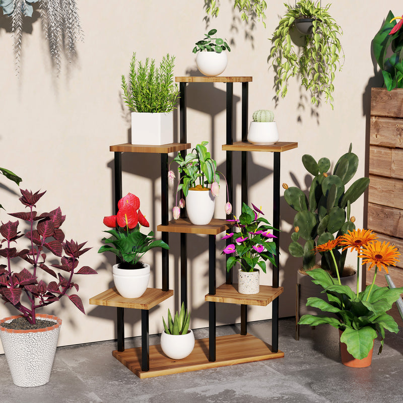 7 Tier Tall Plant Stand for Indoor and Outdoor Use Carbonised Wood and Steel by Outsunny