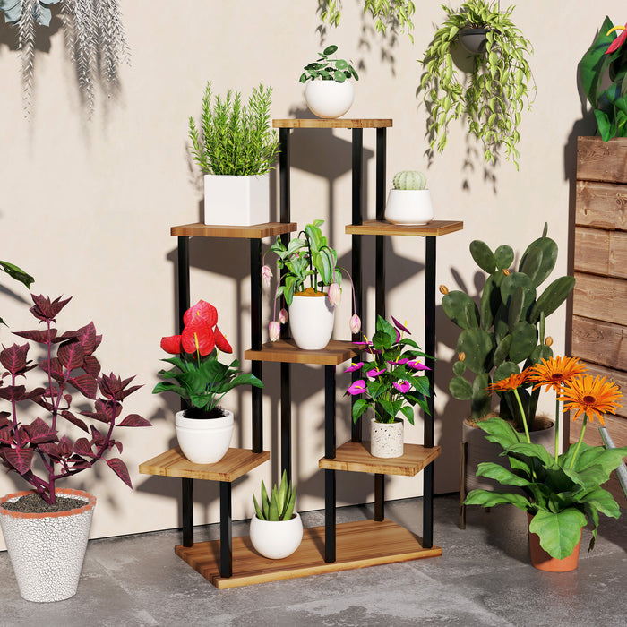 7 Tier Tall Plant Stand for Indoor and Outdoor Use Carbonised Wood and Steel by Outsunny