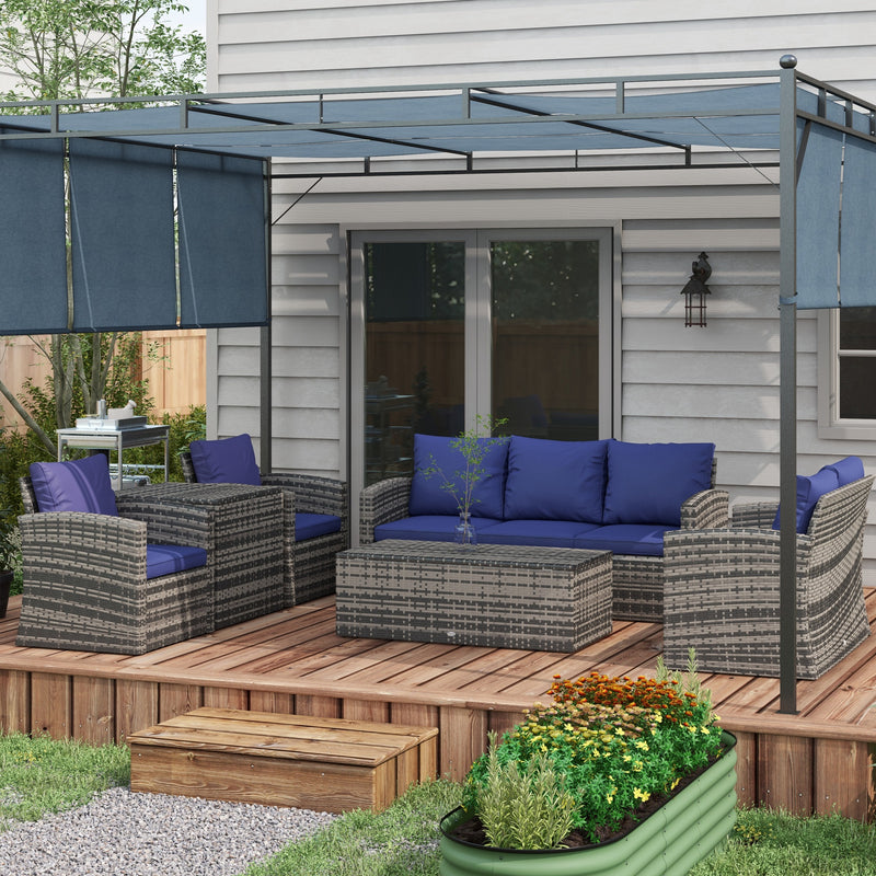 6 Seater Rattan Garden Furniture Set With Cushions and Storage Tables Grey With Navy Blue by Outsunny