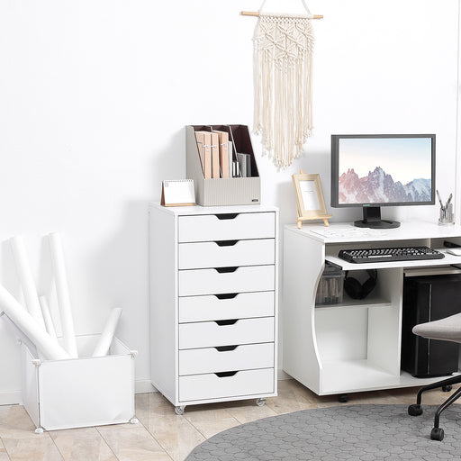 Mobile 7 Drawer Office Filing Cabinet With Smooth Rolling Wheels For Storage, White