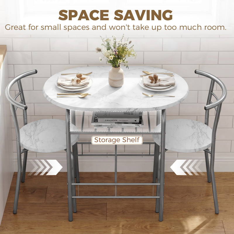 Compact Dining Table and 2 Chairs with Shelf for Small Kitchens White Marble Effect