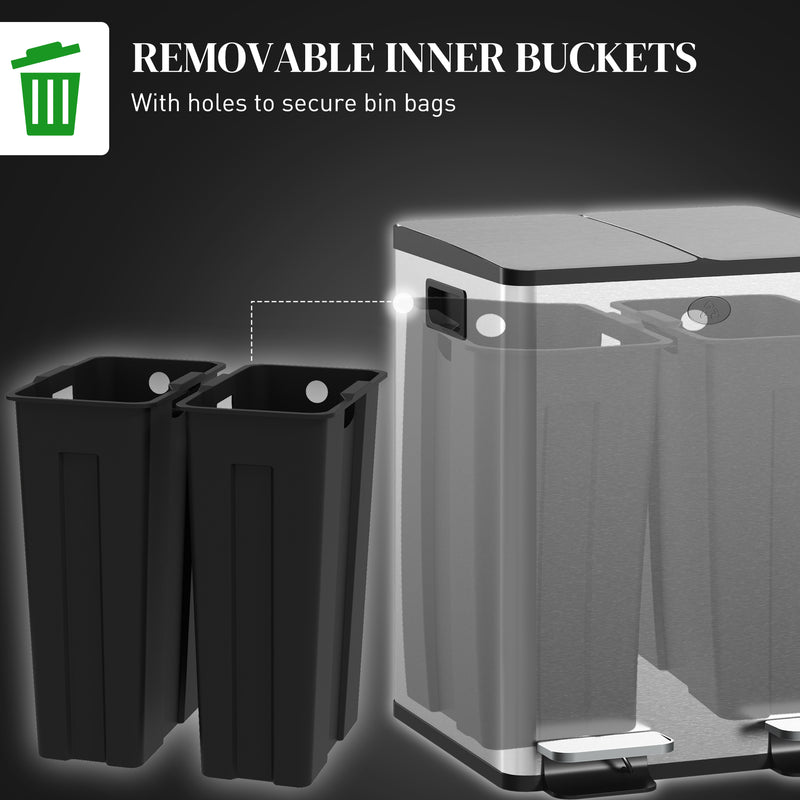 40L Dual Compartment Kitchen Recycling Bin with Deodorisers for Home Use, Silver Tone