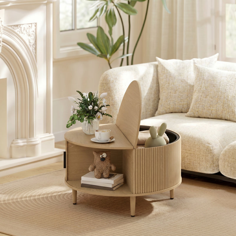 Round Coffee Table With Hidden Storage for Safer Clutter-Free Living Room Natural Wood