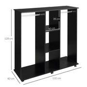 Black Double Open Wardrobe With 6 Wheels And Shelves For Mobile Bedroom Storage