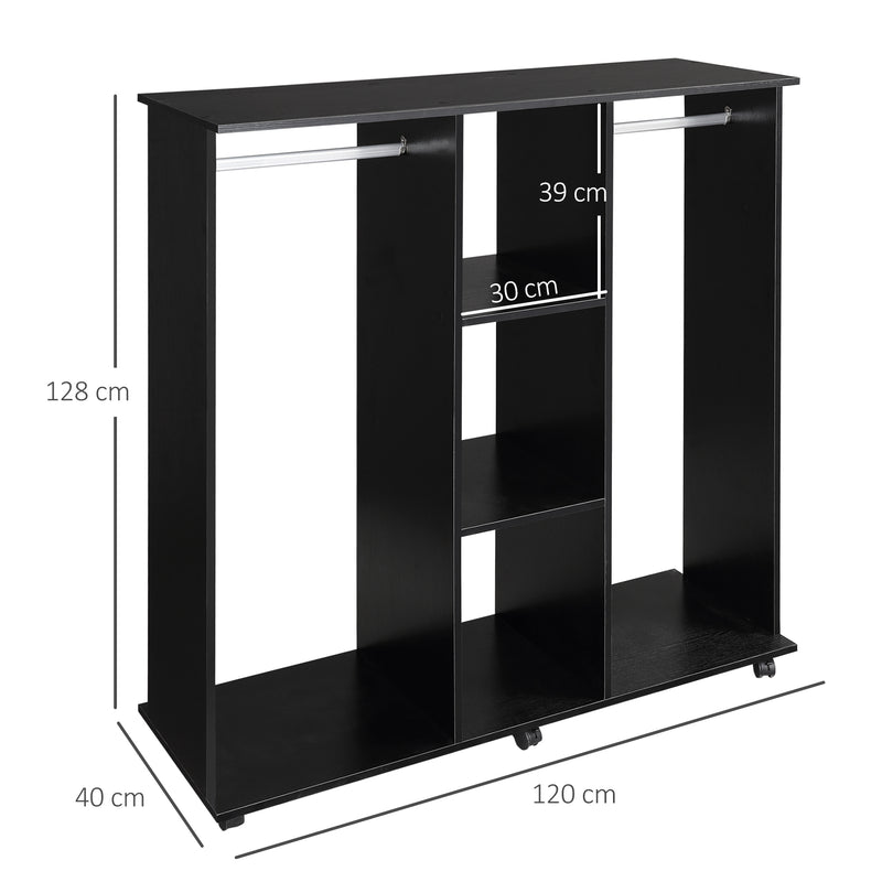 Black Double Open Wardrobe With 6 Wheels And Shelves For Mobile Bedroom Storage