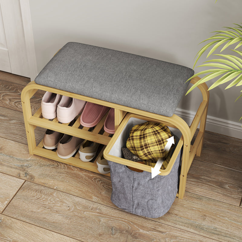 Bamboo Shoe Rack Bench with Padded Seat Natural Wood Finish by HOMCOM