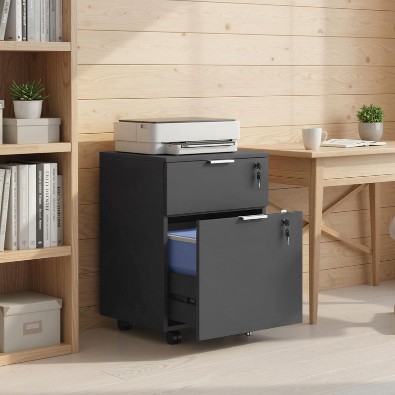 Lockable Two Drawer Filing Cabinet With Smooth Gliding Drawers For Office Use Black AOSOM