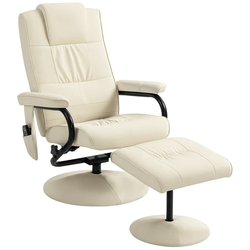 Swivel Recliner Massage Chair with Footstool and Remote Control for Home Comfort, Cream White