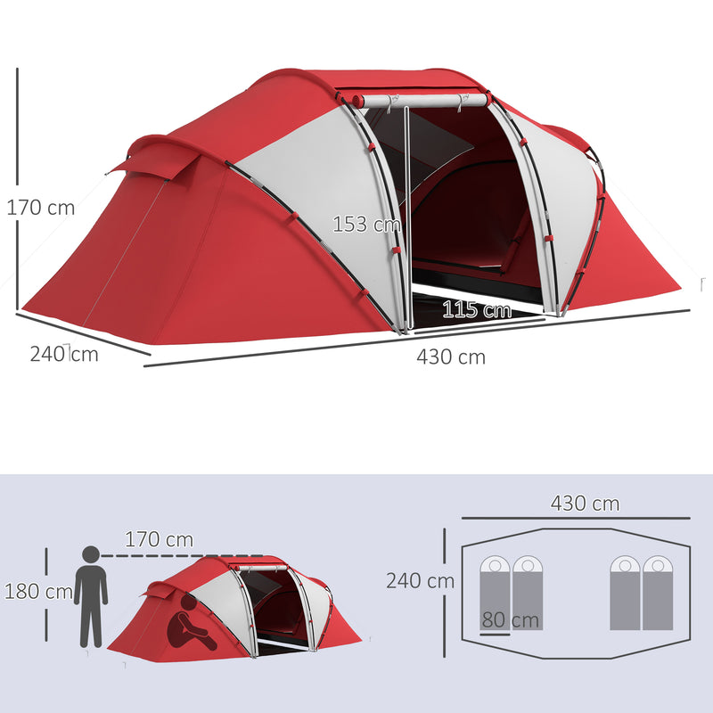 Large Family Tunnel Tent with Two Bedrooms and Living Area for Group Camping Grey and Red