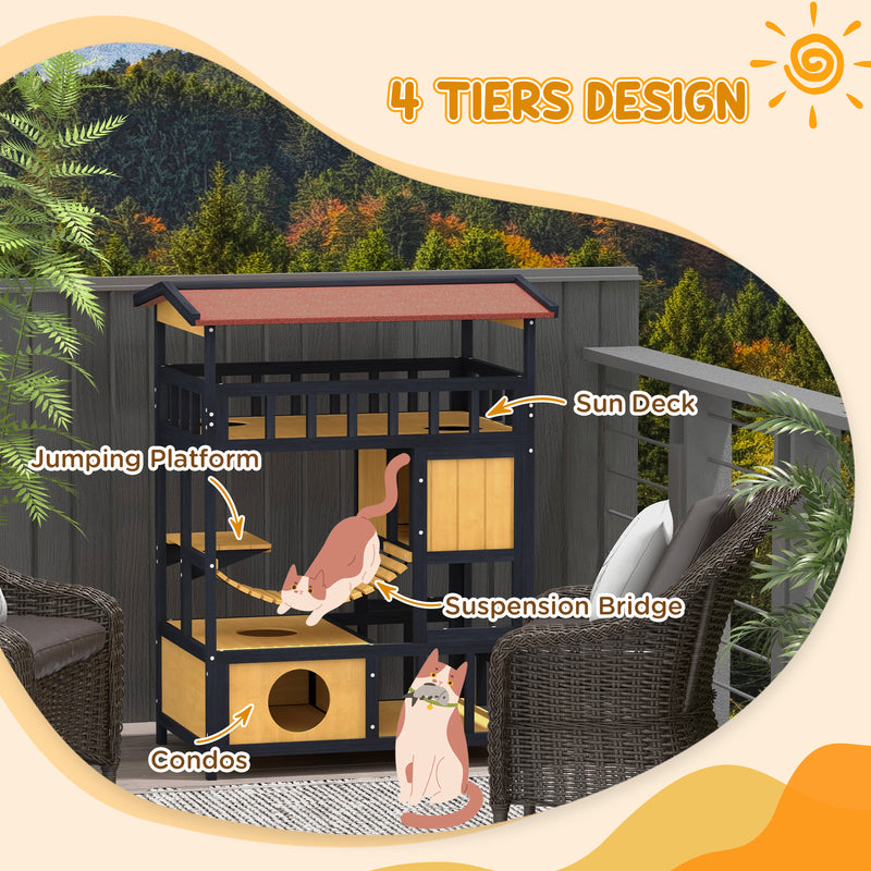 Four Tier Wooden Outdoor Cat House with Balcony and Escape Doors for Feral Cats, Grey
