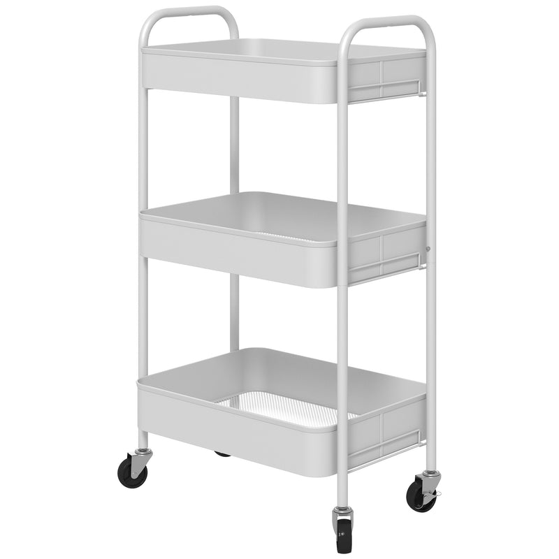 White Three Tier Steel Rolling Storage Trolley with Lockable Wheels