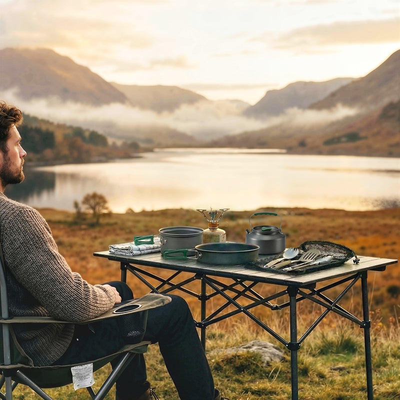 Camping Cookware Set for Two with Quick-Heating Pans and Space-Saving Nesting Design Grey Green