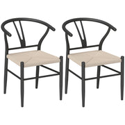 Set of 2 Black Beige Weave Dining Chairs with Y Backrest and Comfy Hemp Seat