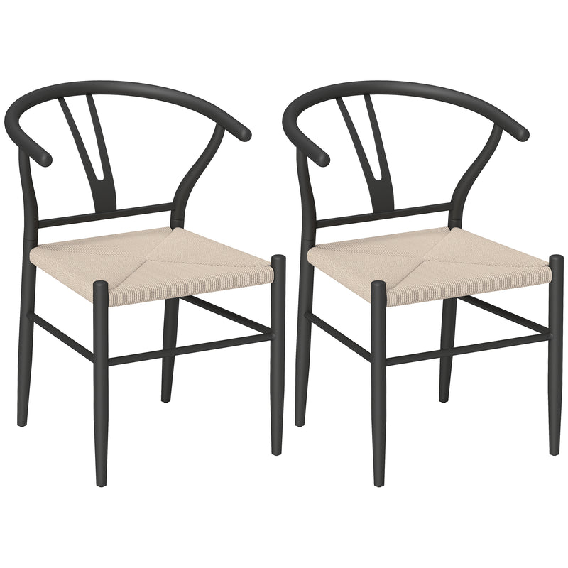 Set of 2 Black Beige Weave Dining Chairs with Y Backrest and Comfy Hemp Seat