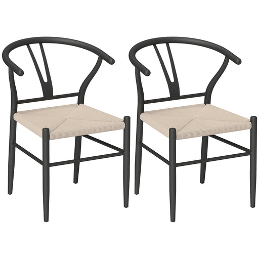 Set of 2 Black Beige Weave Dining Chairs with Y Backrest and Comfy Hemp Seat
