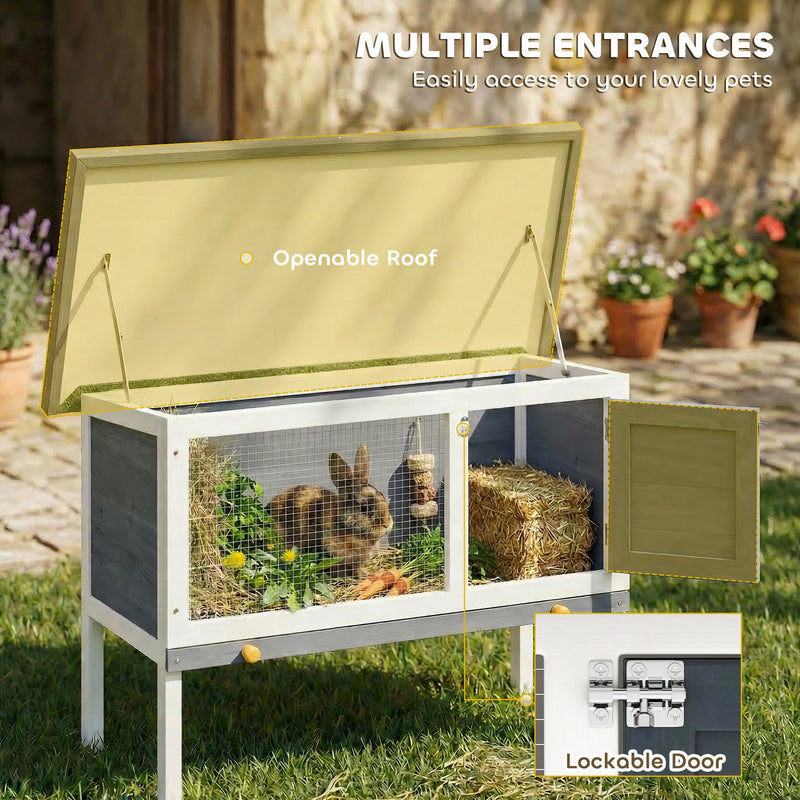 Wooden Outdoor Rabbit Hutch with Raised Base and Easy Clean Tray Grey White AOSOM