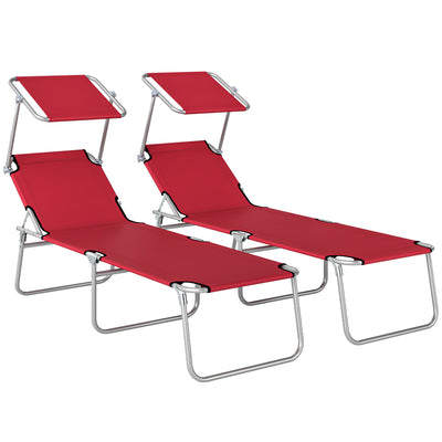 Reclining Sun Lounger Set of 2 with Adjustable Canopy for Garden or Patio, Red Outsunny