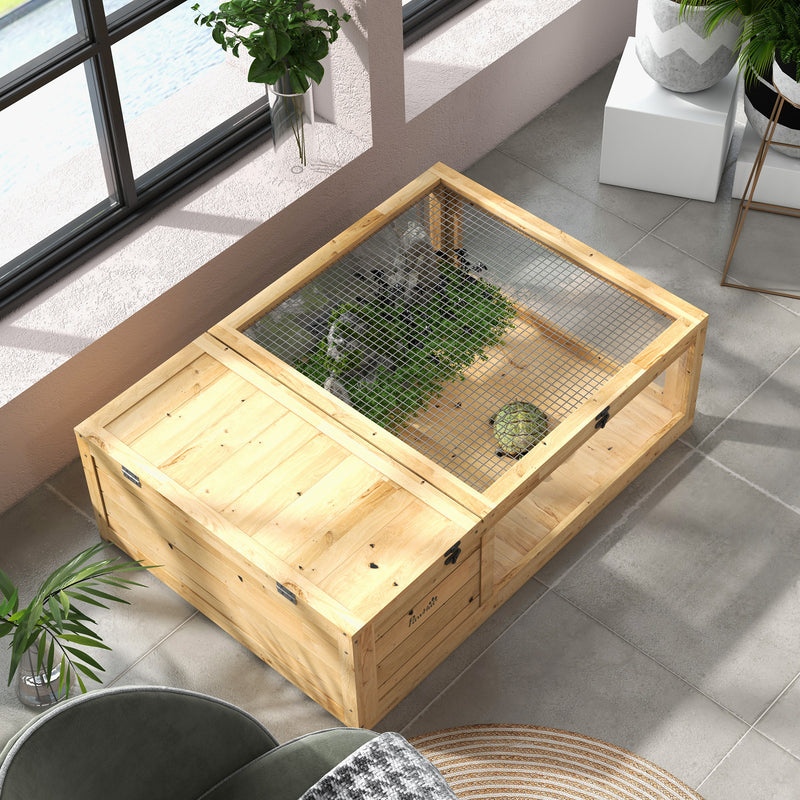 Wooden Tortoise and Reptile House with Mesh Roof Ideal for Outdoor Use, Natural Finish