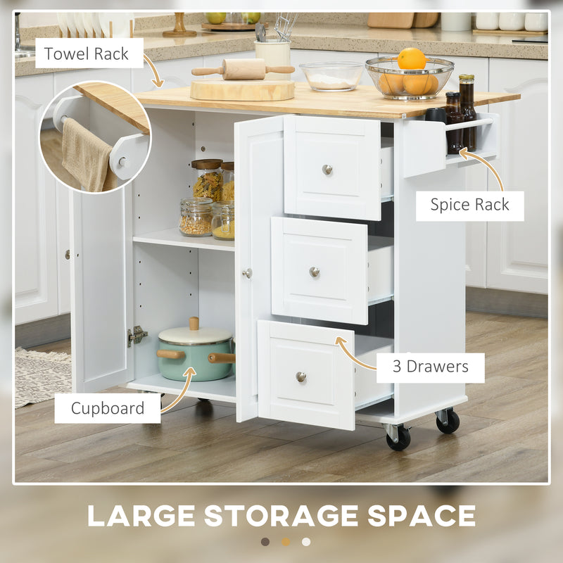 White Kitchen Island Trolley with Drop Leaf Drawers Spice Rack and Wood Top