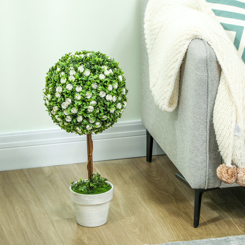 Set of 2 Artificial Topiary Trees with White Roses 60cm for Indoor and Outdoor by HOMCOM